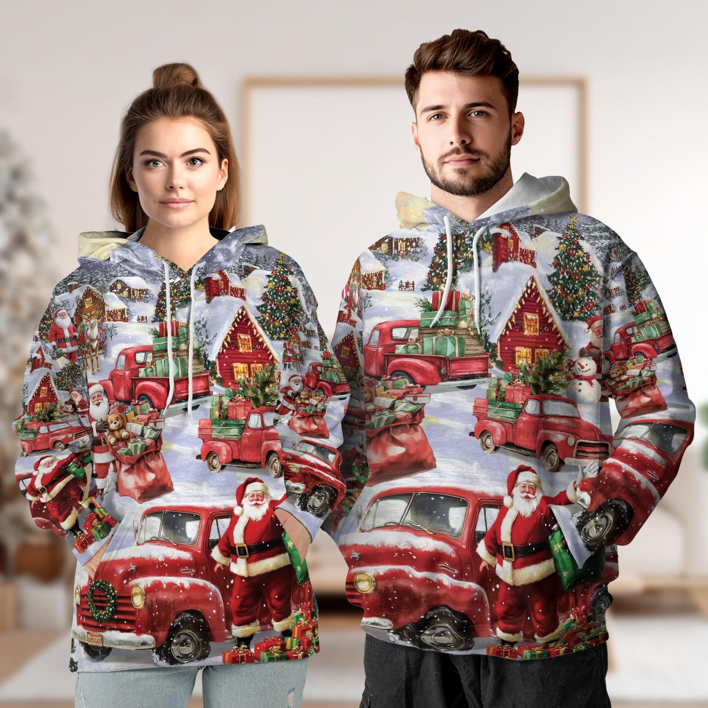 Netecom Christmas Red Truck 3D Hoodie with Front Pocket, Unisex Casual All Over Santa Claus Snow Graphic Sweatshirt