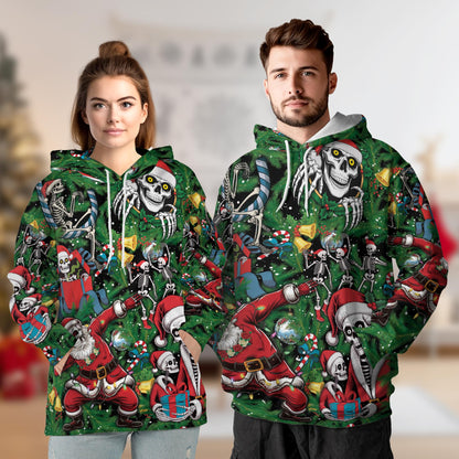 Netecom Skeleton Santa Claus Christmas Print Hoodie with Front Pocket, All Over Funny Skull Graphic Sweatshirt Unisex Casual