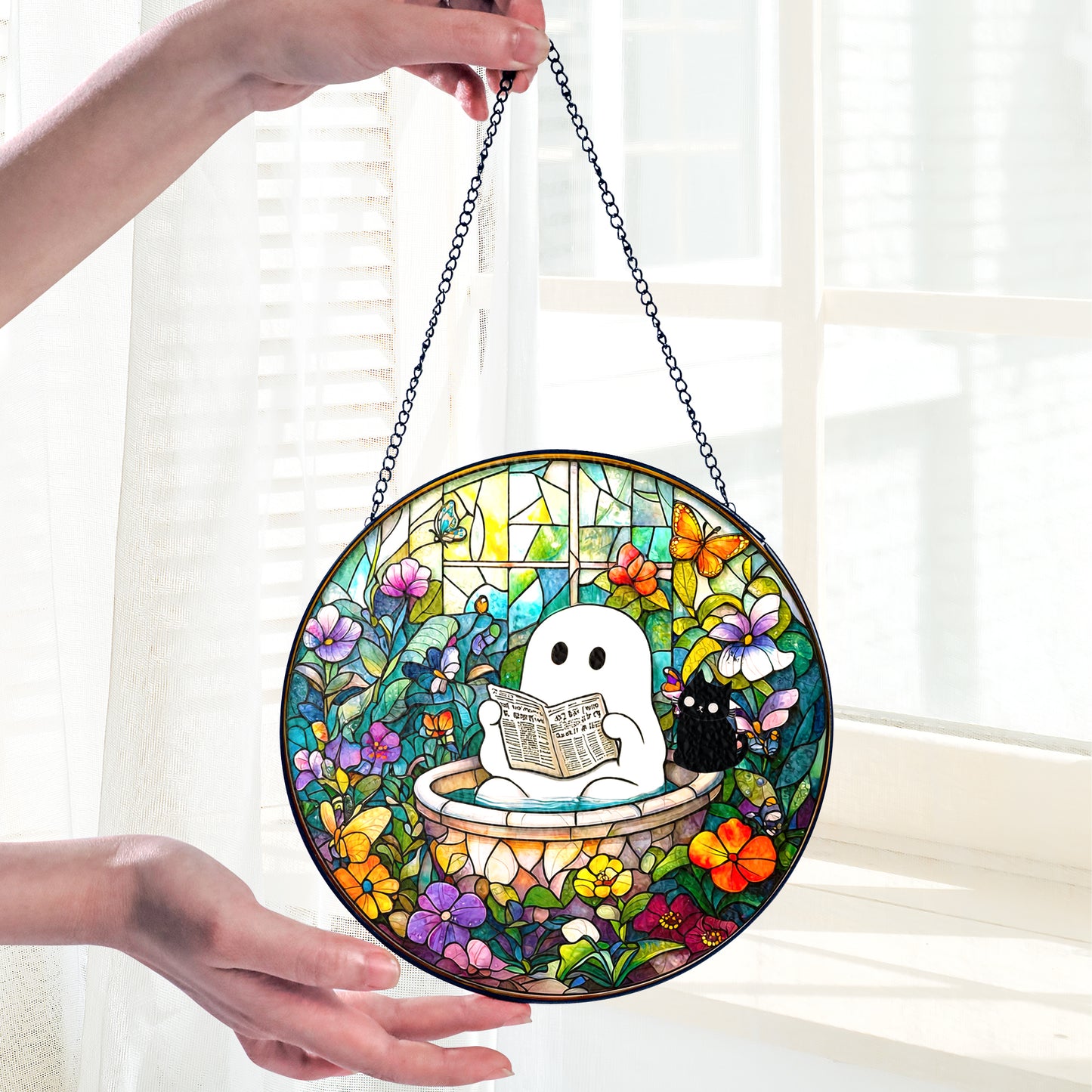 Netecom Ghost in Bathtub Stained Glass Sun Catcher – Whimsical Window Hanging, Perfect Gift for Fun Decor Lovers