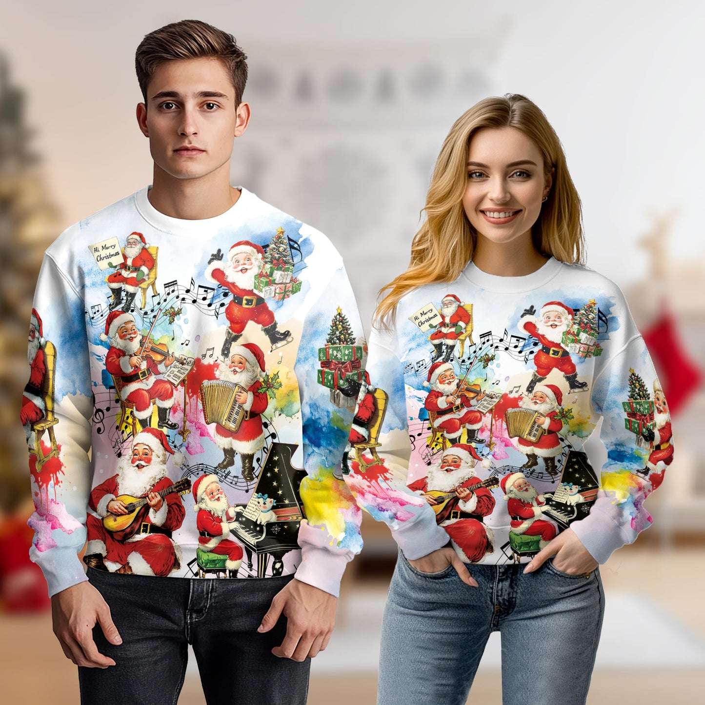Netecom Christmas Music Santa Sweatshirt 3D All Over Print, Musical Instrument Design, Crewneck Pullover for Costume Party