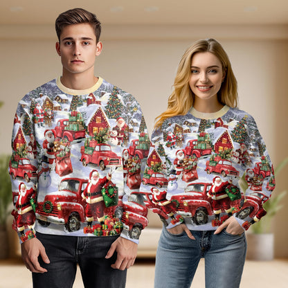 Netecom Santa Red Truck Christmas Sweatshirt 3D All Over Print– Unisex Crewneck Pullover, Lightweight Fleece Casual Outfit