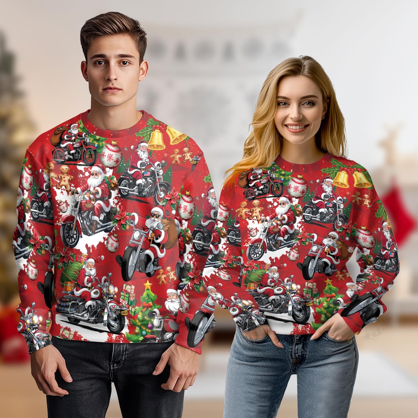 Netecom Santa Clause Riding Motorcycle Sweatshirt 3D All Over Print, Funny Festive Design, Crewneck Pullover for Costume Party