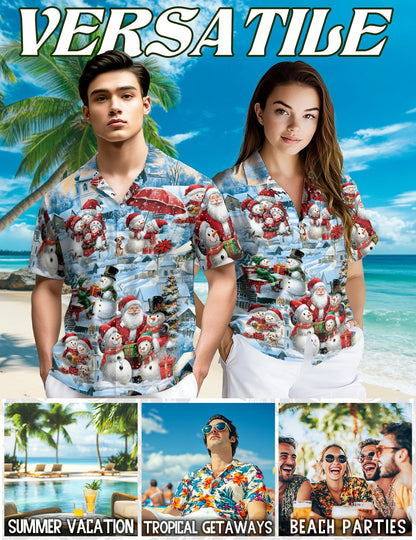Netecom Snowman and Santa Claus Christmas Hawaiian Shirt, Winter Holiday Village Print Button Down Summer Beach Shirt, S-5XL
