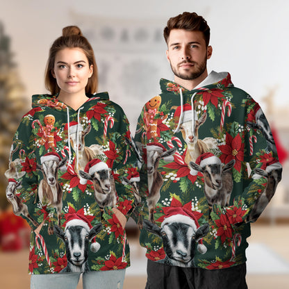 Netecom Funny Goat Christmas Print Hoodie with Front Pocket, All Over Farm Animal Holiday Graphic Sweatshirt Unisex Casual