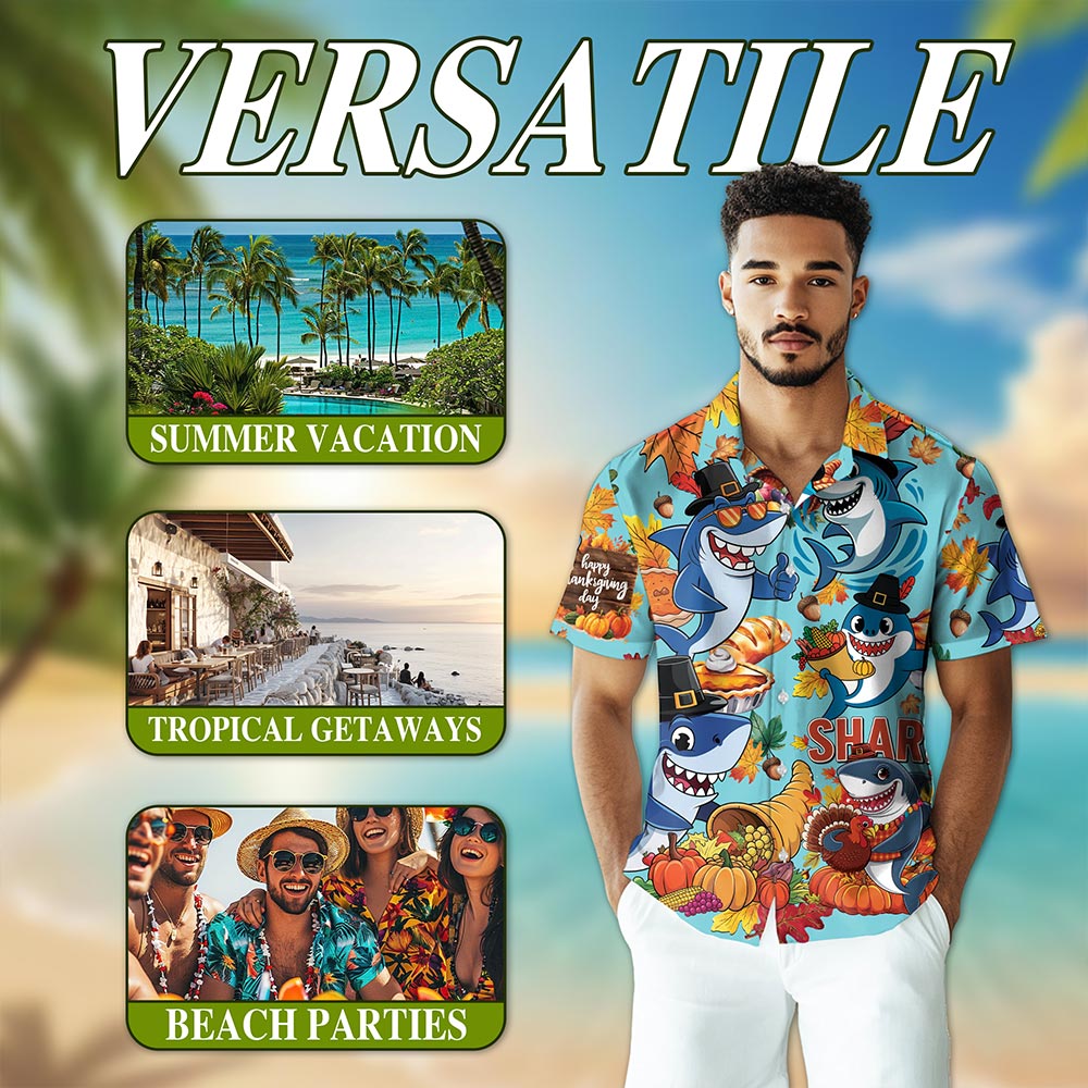 Netecom Shark Thanksgiving Hawaiian Shirt for Men, Happy Turkey Day Button Down Summer Beach Short Sleeve Shirts, S-5XL
