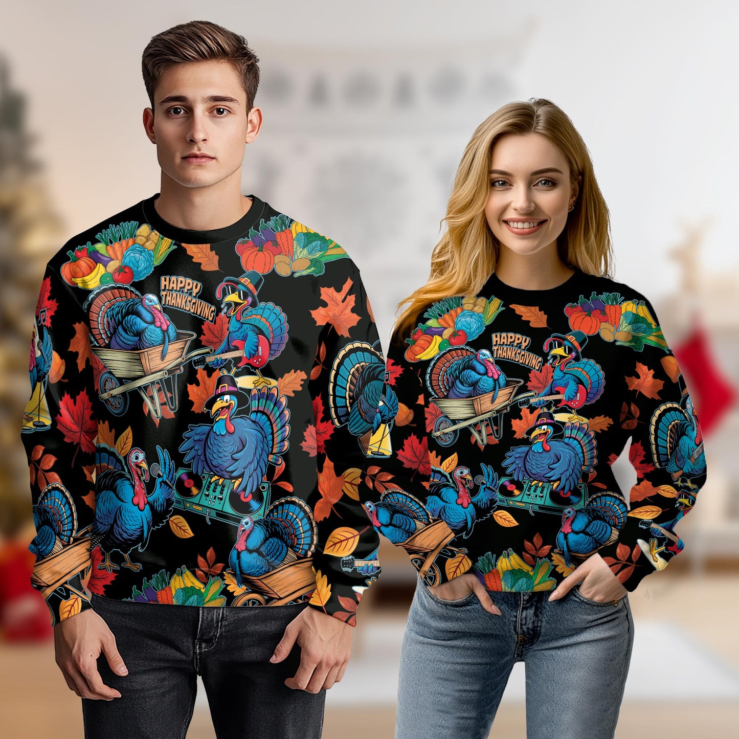 Netecom Thanksgiving Turkey Music Sweatshirt 3D All Over Print, Holiday Autumn Design, Crewneck Pullover for Costume Party