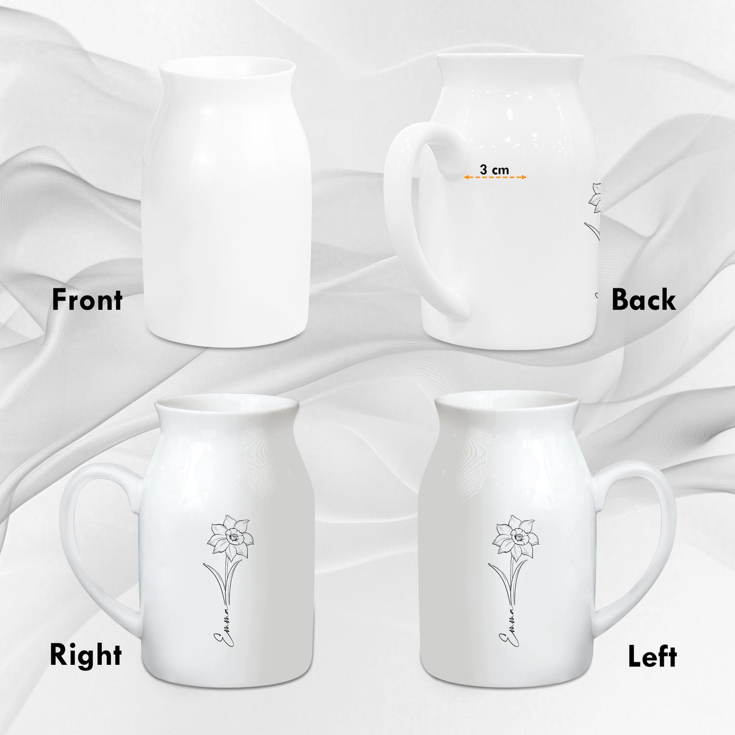 Netecom Personalized Birth Flower Ceramic Jug Vase with Custom Name, Elegant Home Decor Pitcher, Unique Gift for Birthday, Mother’s Day, or Christmas