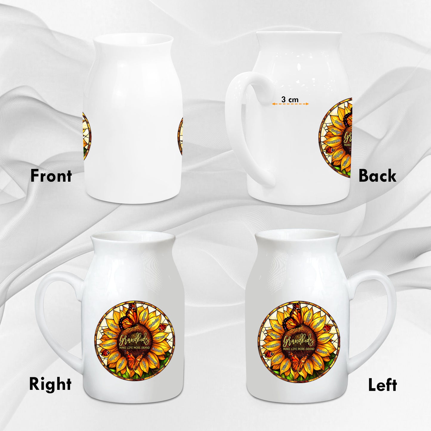 Netecom Personalized Sunflower Ceramic Jug Mug , Custom Grandkids Names and Stained Glass Flower Print , Unique Christmas or Mother's Day Gift for Grandma
