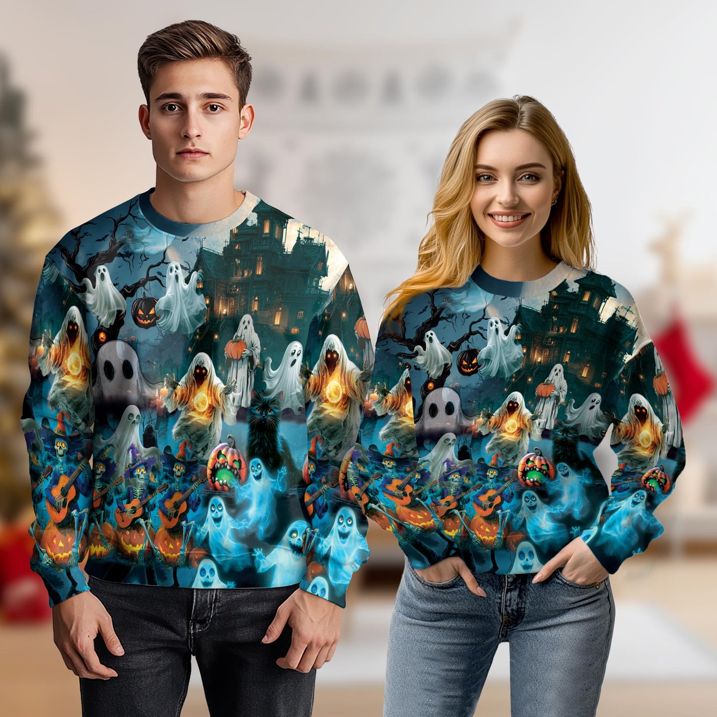 Netecom Halloween Ghost Sweatshirt 3D All Over Print, Haunted House Spooky Design, Crewneck Pullover for Costume Party