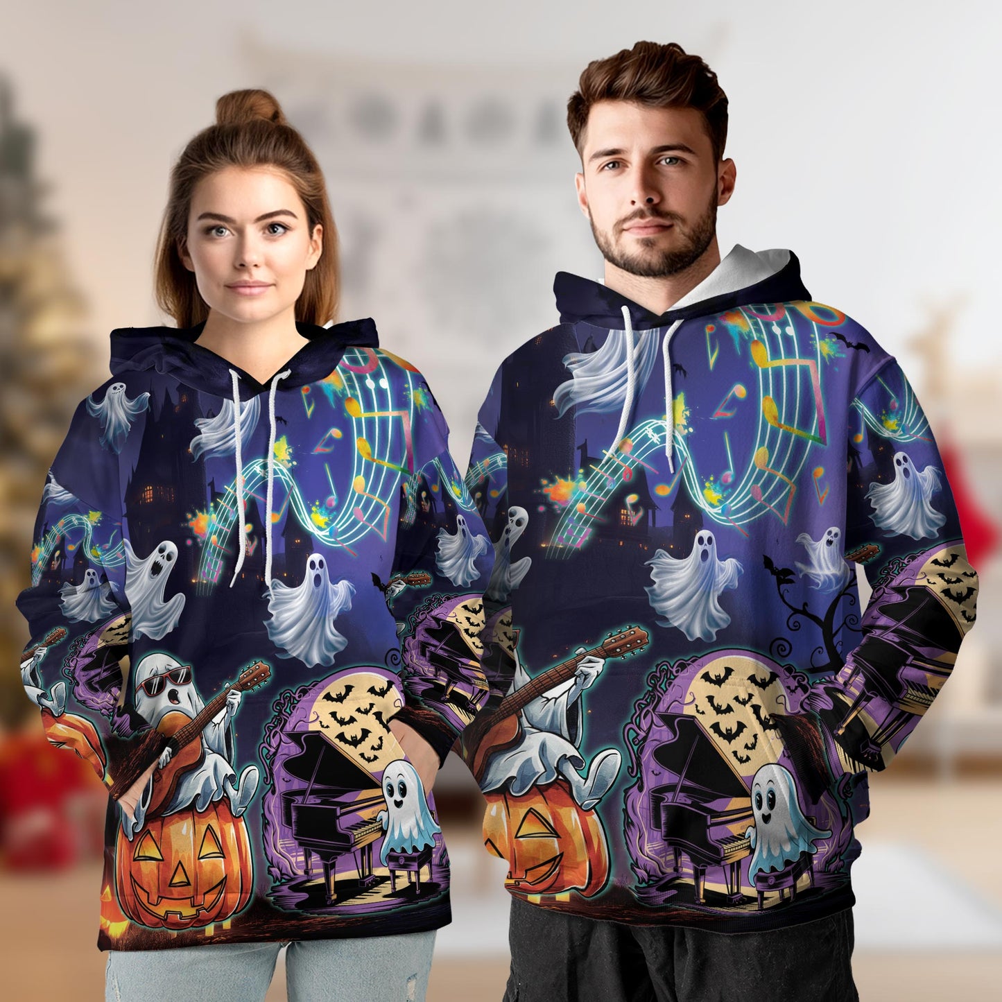 Netecom Music Night Halloween 3D Print Hoodie with Front Pocket, All Over Graphic Pumpkin Ghost Sweatshirt Unisex Casual