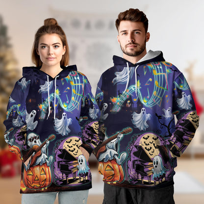 Netecom Music Night Halloween 3D Print Hoodie with Front Pocket, All Over Graphic Pumpkin Ghost Sweatshirt Unisex Casual