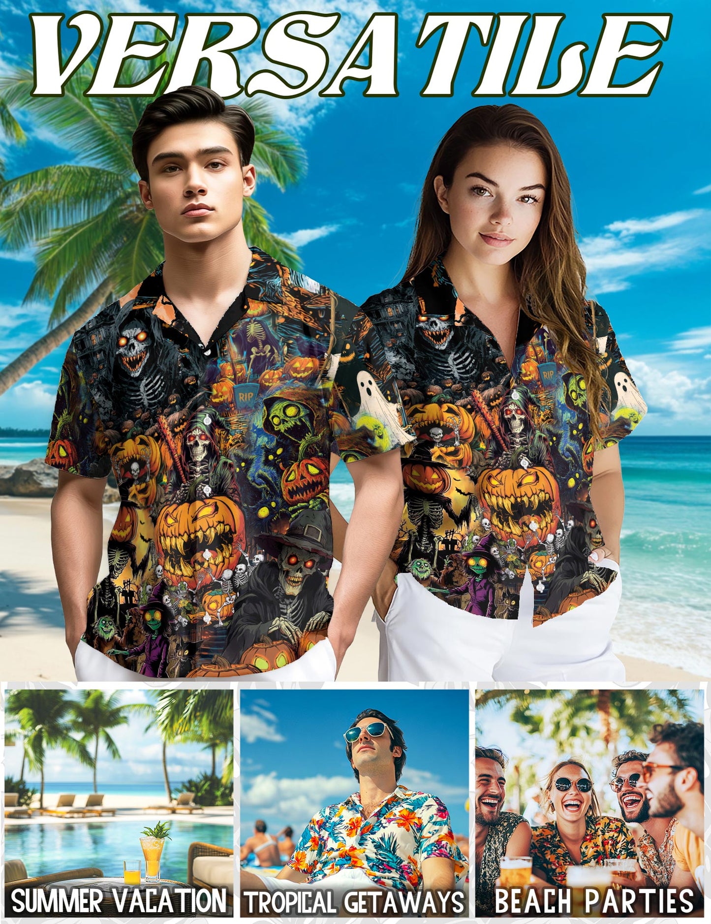 Netecom Spooky Skeleton Halloween Hawaiian Shirt for Men, Pumpkin Ghost Button Down Summer Beach Short Sleeve Shirts, S-5XL