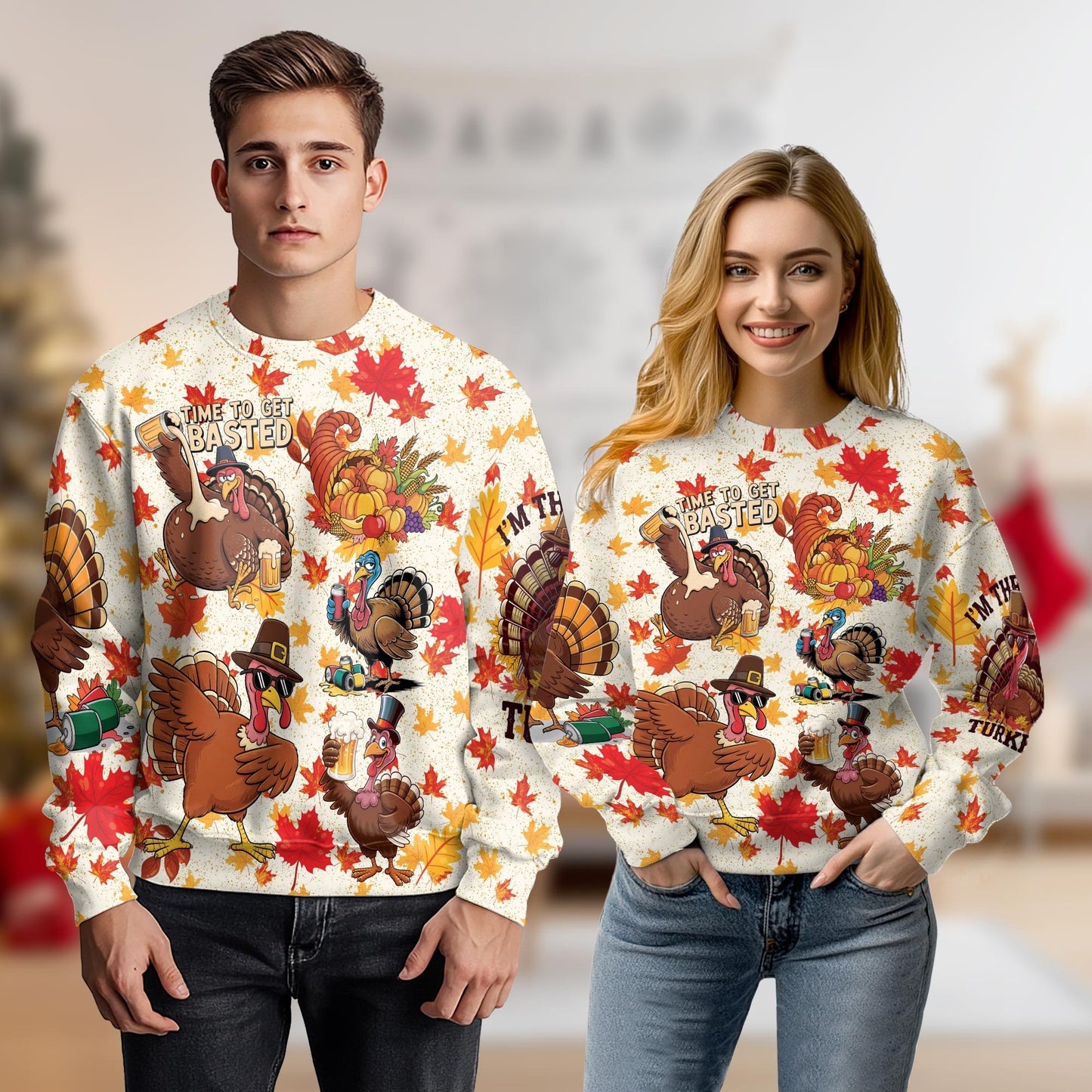 Netecom Thanksgiving Turkey Sweatshirt 3D All Over Print, Funny Turkey Drink Beer Design, Crewneck Pullover for Costume Party
