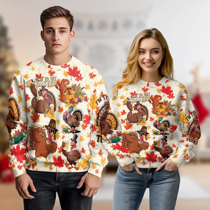 Netecom Thanksgiving Turkey Sweatshirt 3D All Over Print, Funny Turkey Drink Beer Design, Crewneck Pullover for Costume Party