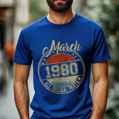 Netecom March 1980 All Original Parts T-Shirt, Retro Birthday Shirt for Men, Perfect Gift for March Birthday