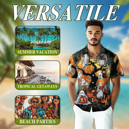 Netecom Ghost Halloween Hawaiian Shirt for Men, Halloween Present, Pumpkins Button Down Summer Beach Shirts, S-5XL
