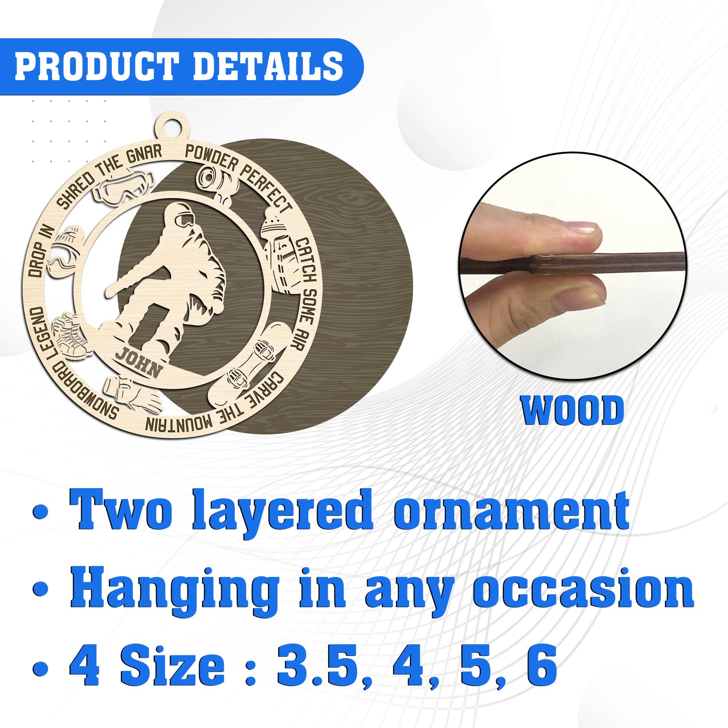 Netecom Personalized Snowboarder Ornament – Custom Wooden Snowboarding Holiday Decoration with Name & Snowboarding Terms