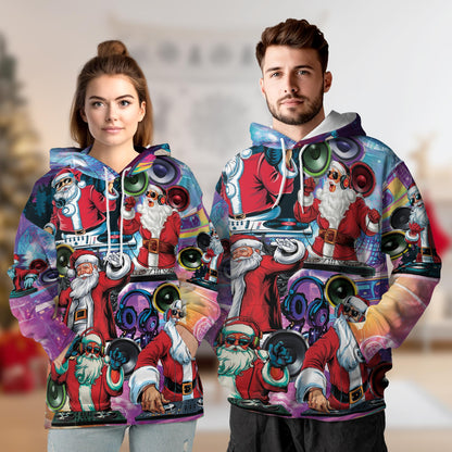 Netecom DJ Santa Claus Christmas Print Hoodie with Front Pocket, All Over Music Party Graphic Sweatshirt Unisex Casual