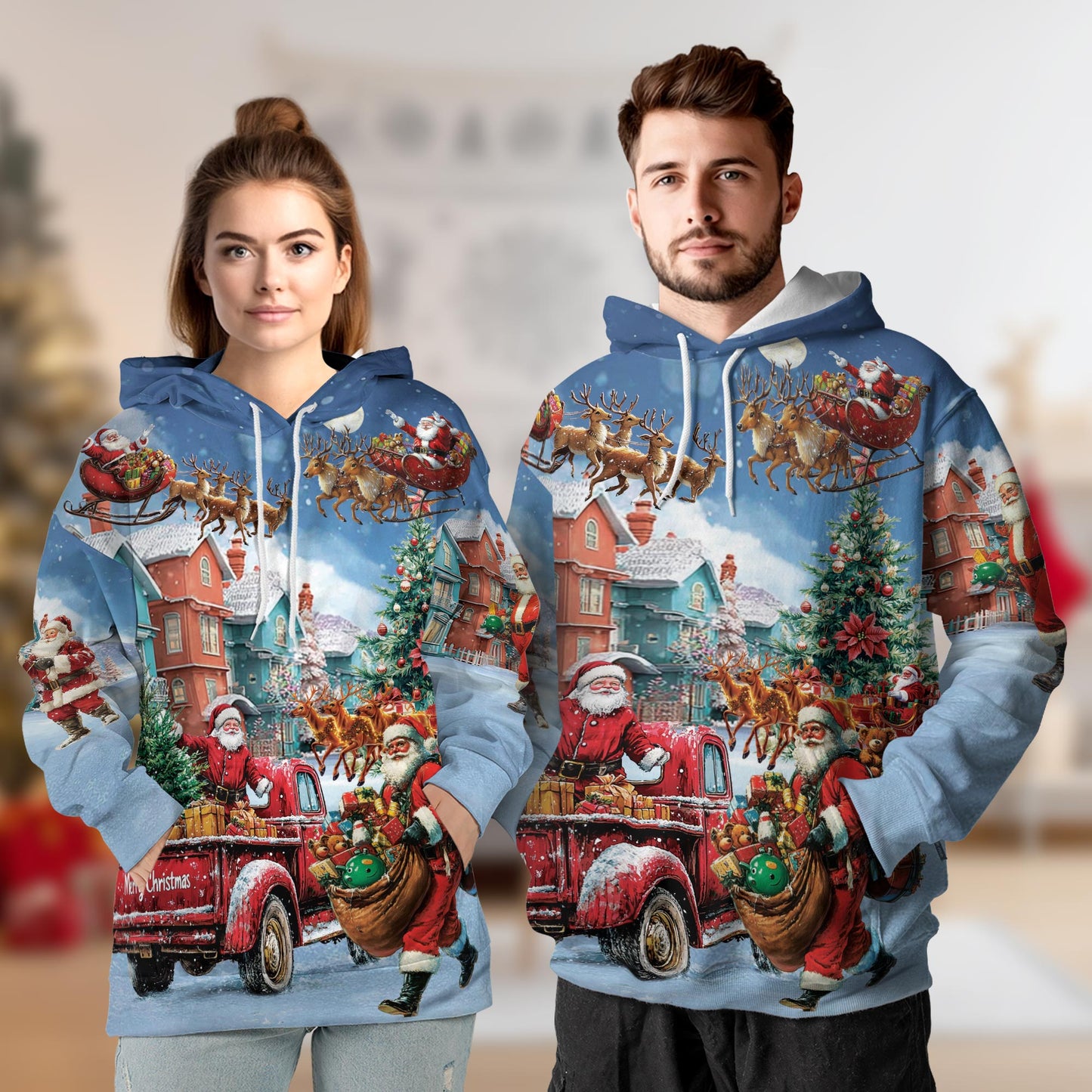 Netecom Santa Claus Christmas Print Hoodie with Front Pocket, All Over Graphic Funny Holiday Sweatshirt Unisex Casual