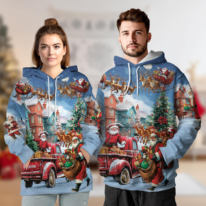 Netecom Santa Claus Christmas Print Hoodie with Front Pocket, All Over Graphic Funny Holiday Sweatshirt Unisex Casual