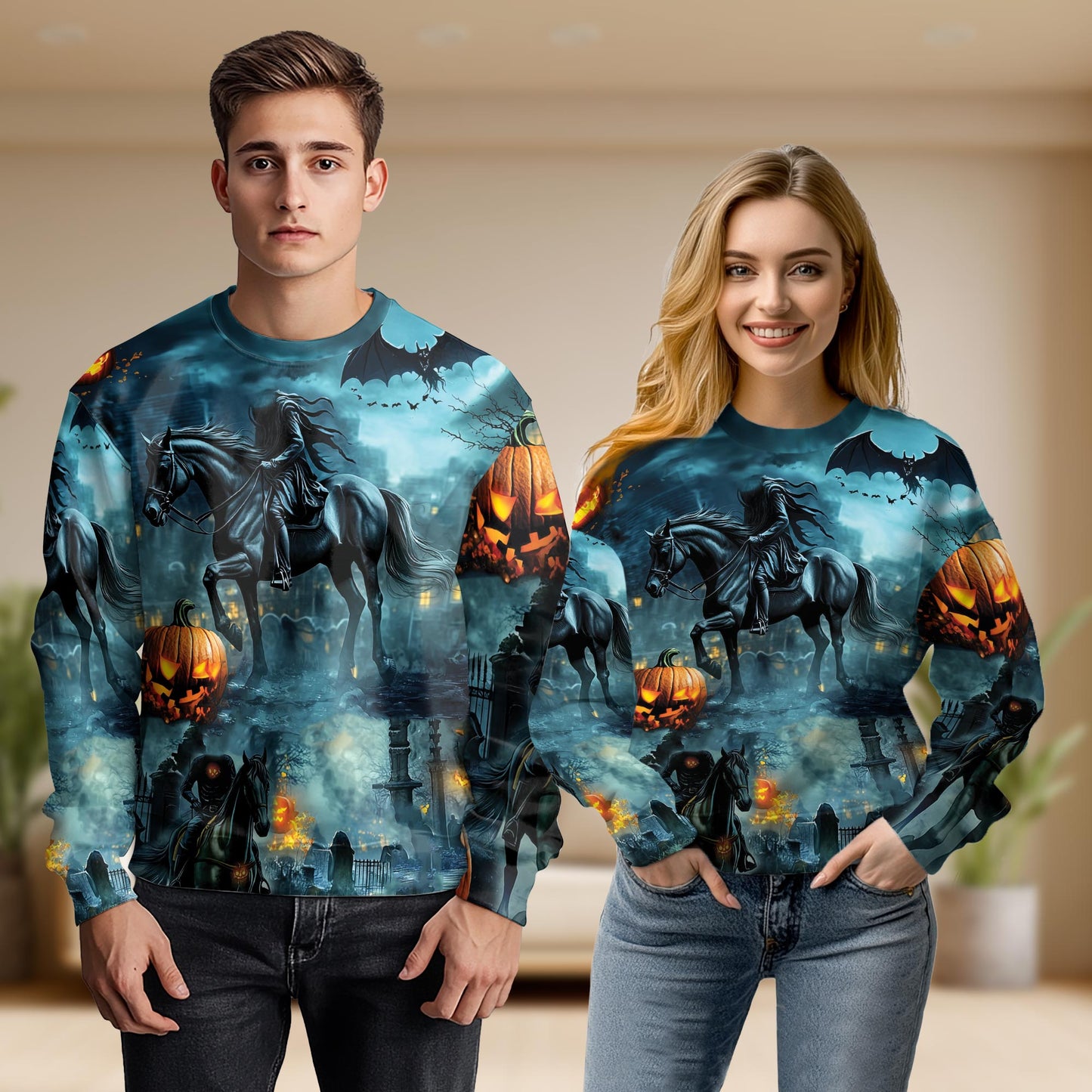 Netecom Halloween Rider on Horse Sweatshirt 3D All Over Print – Unisex Crewneck Pullover, Lightweight Fleece Casual Outfit