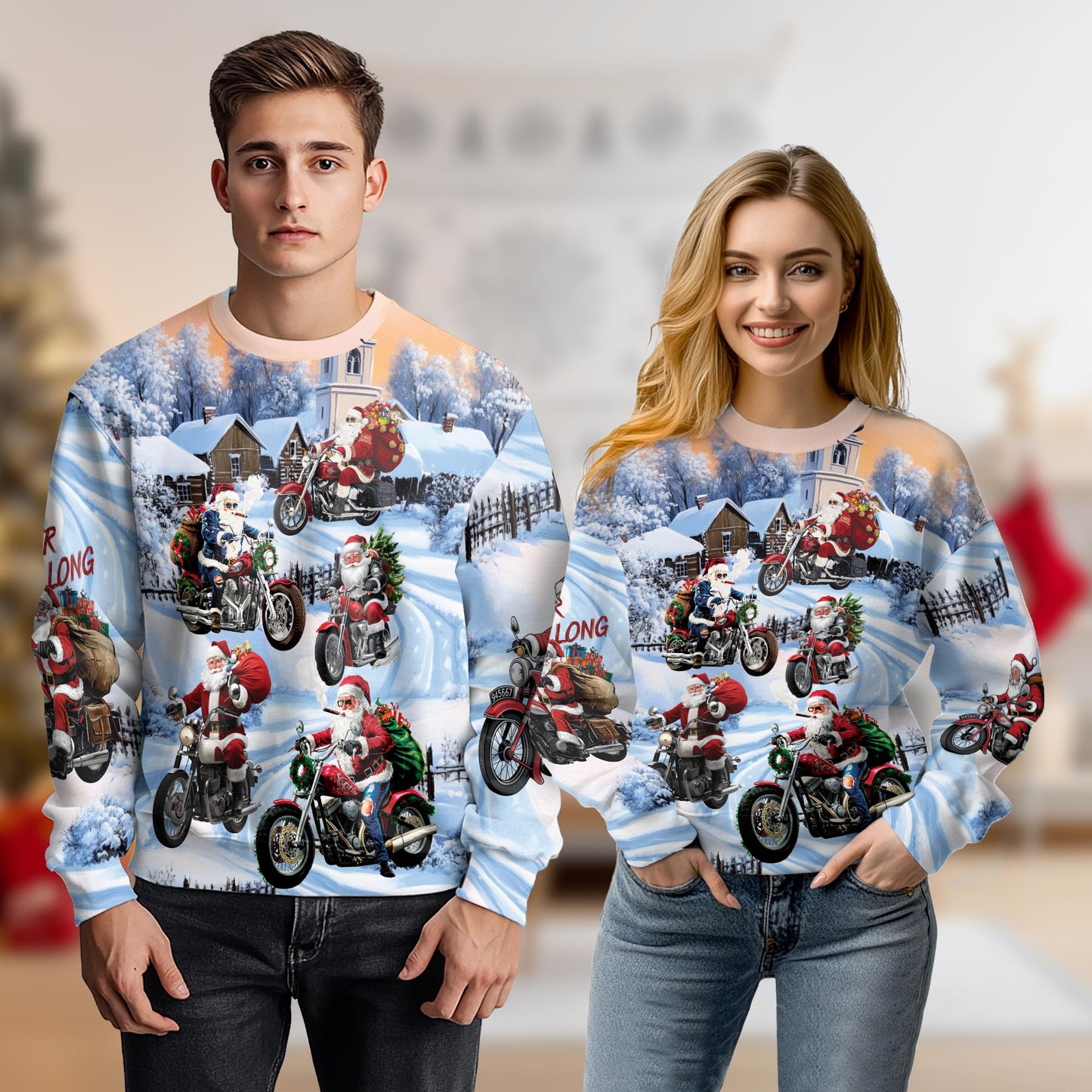 Netecom Santa Riding Motorcycle Christmas Sweatshirt 3D All Over Print, Winter Outfit, Crewneck Pullover for Costume Party