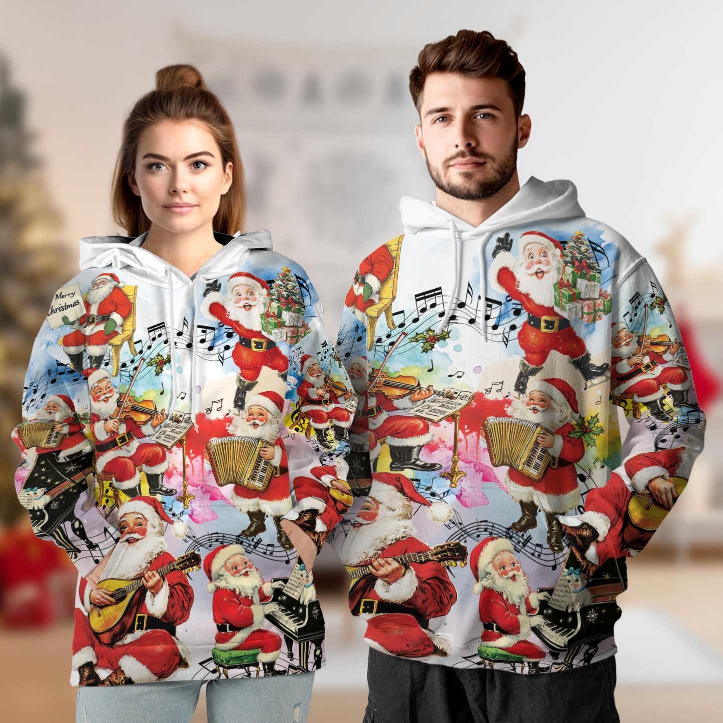 Netecom Musical Santa Claus Christmas Print Hoodie with Front Pocket, All Over Funny Holiday Graphic Sweatshirt Unisex Casual
