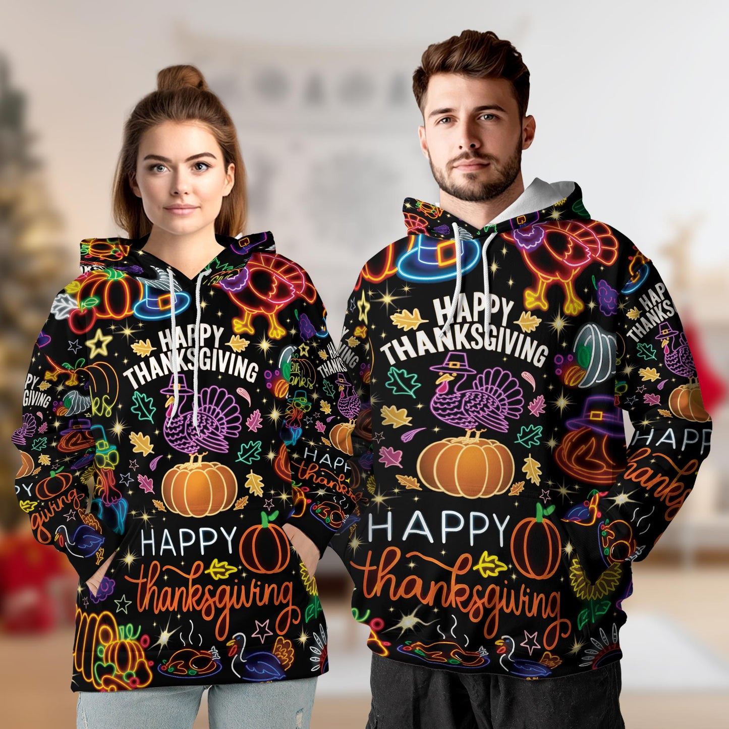 Netecom Neon Thanksgiving Print Hoodie with Front Pocket, All Over Happy Turkey Day Graphic Sweatshirt Unisex Casual