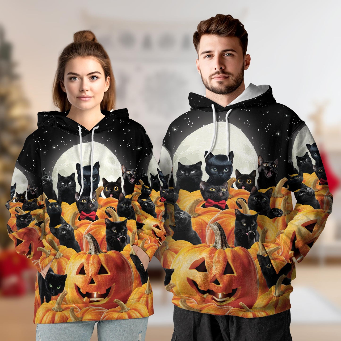 Netecom Cute Black Cat Pumpkin Halloween 3D Print Hoodie with Front Pocket, All Over Graphic Animal Sweatshirt Unisex Casual