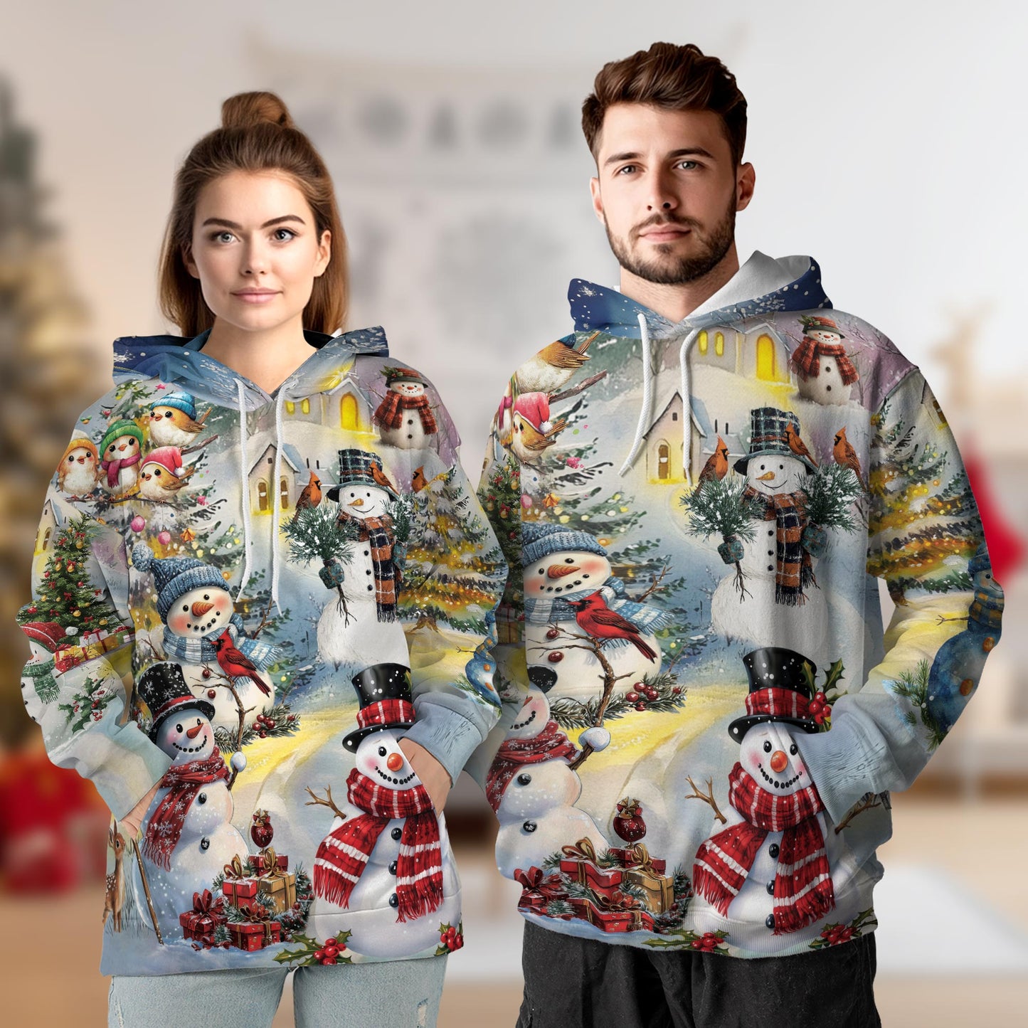 Netecom Snowman Christmas Print Hoodie with Front Pocket, All Over Graphic Winter Snow Tree Sweatshirt Unisex Casual