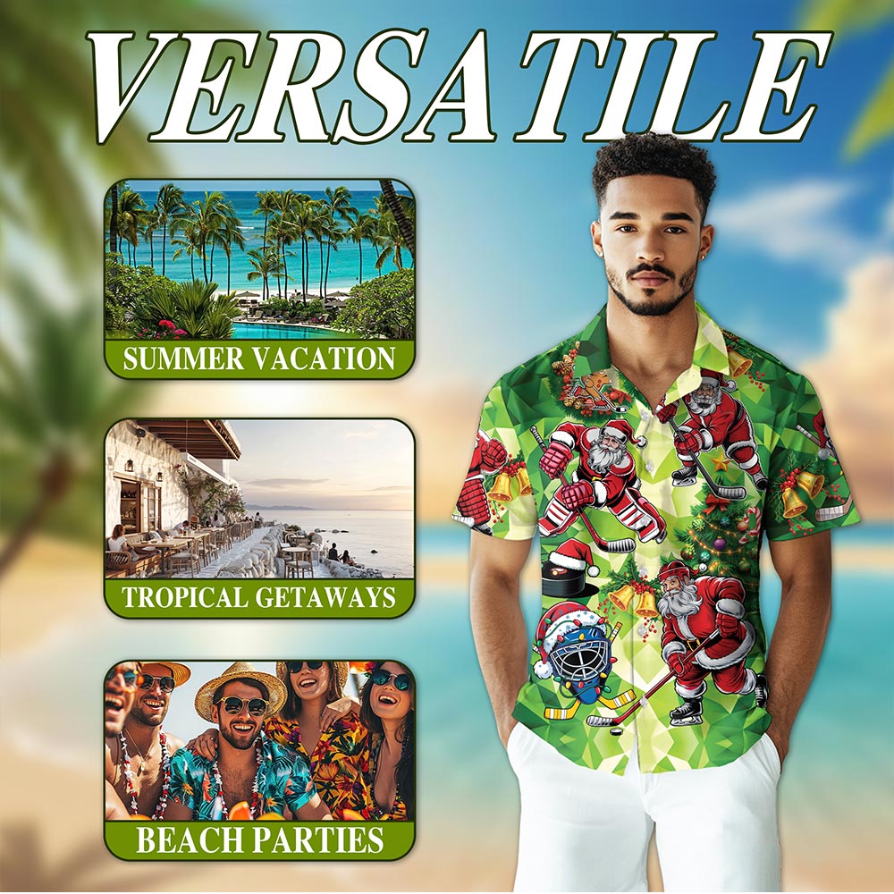 Netecom Santa Claus Ice Hockey Christmas Hawaiian Shirt, Sports Holiday Button Down Summer Beach Short Sleeve Shirt, S-5XL
