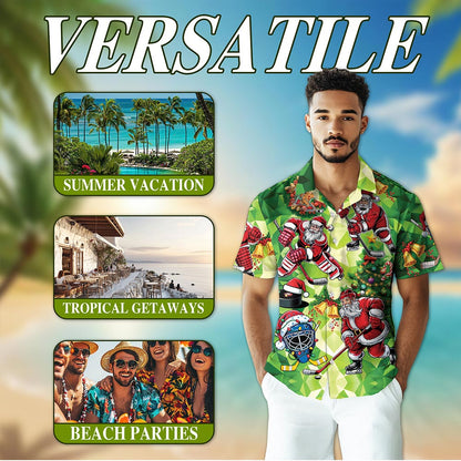 Netecom Santa Claus Ice Hockey Christmas Hawaiian Shirt, Sports Holiday Button Down Summer Beach Short Sleeve Shirt, S-5XL