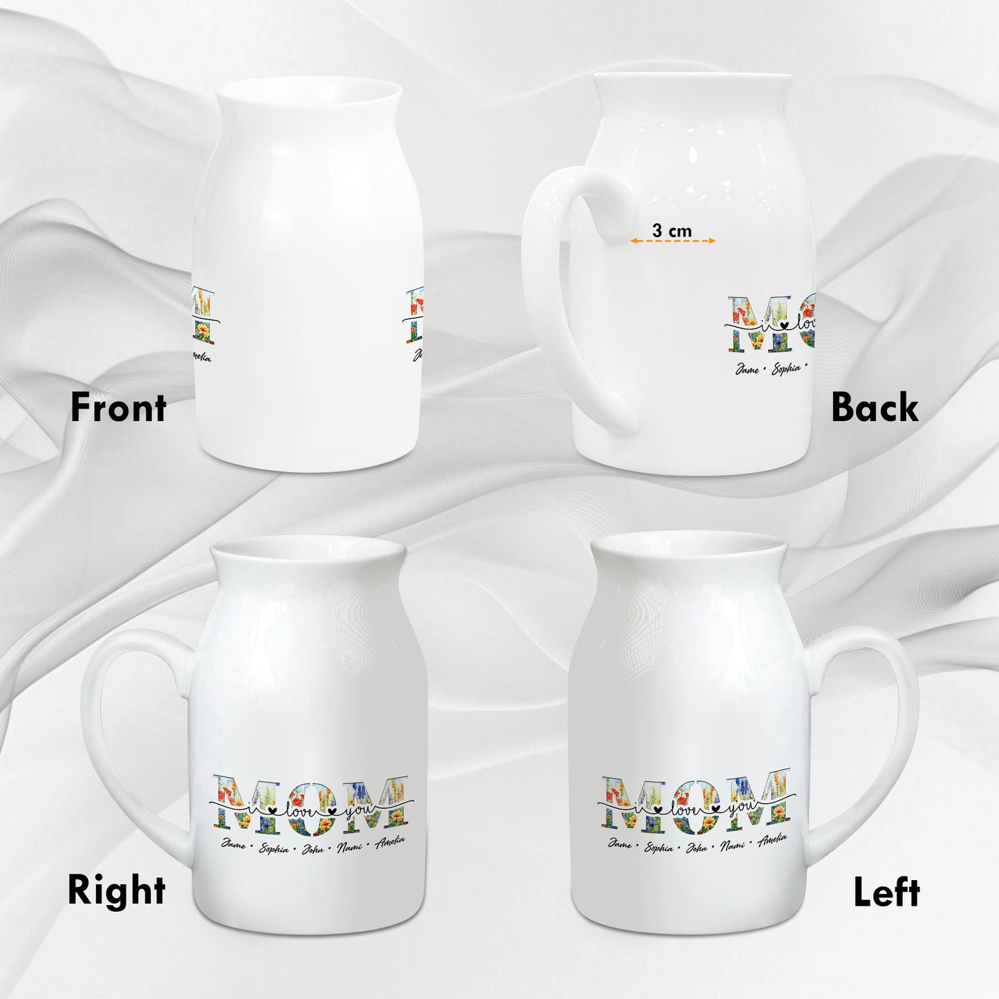 Netecom Personalized MOM Flower Vase with Custom Names, Elegant Ceramic Jug Gift for Birthday, Christmas, or Mother’s Day