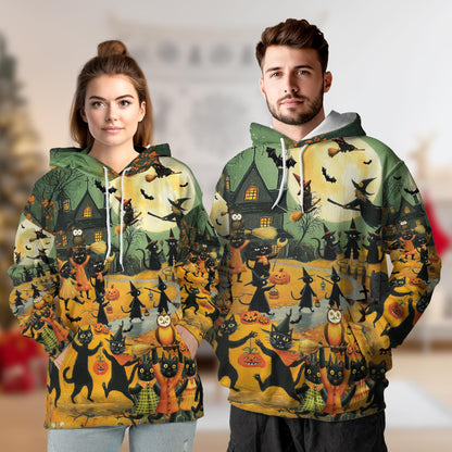 Netecom Black Cat Halloween 3D Print Hoodie with Front Pocket, All Over Graphic Animal Pumpkin Sweatshirt Unisex Casual