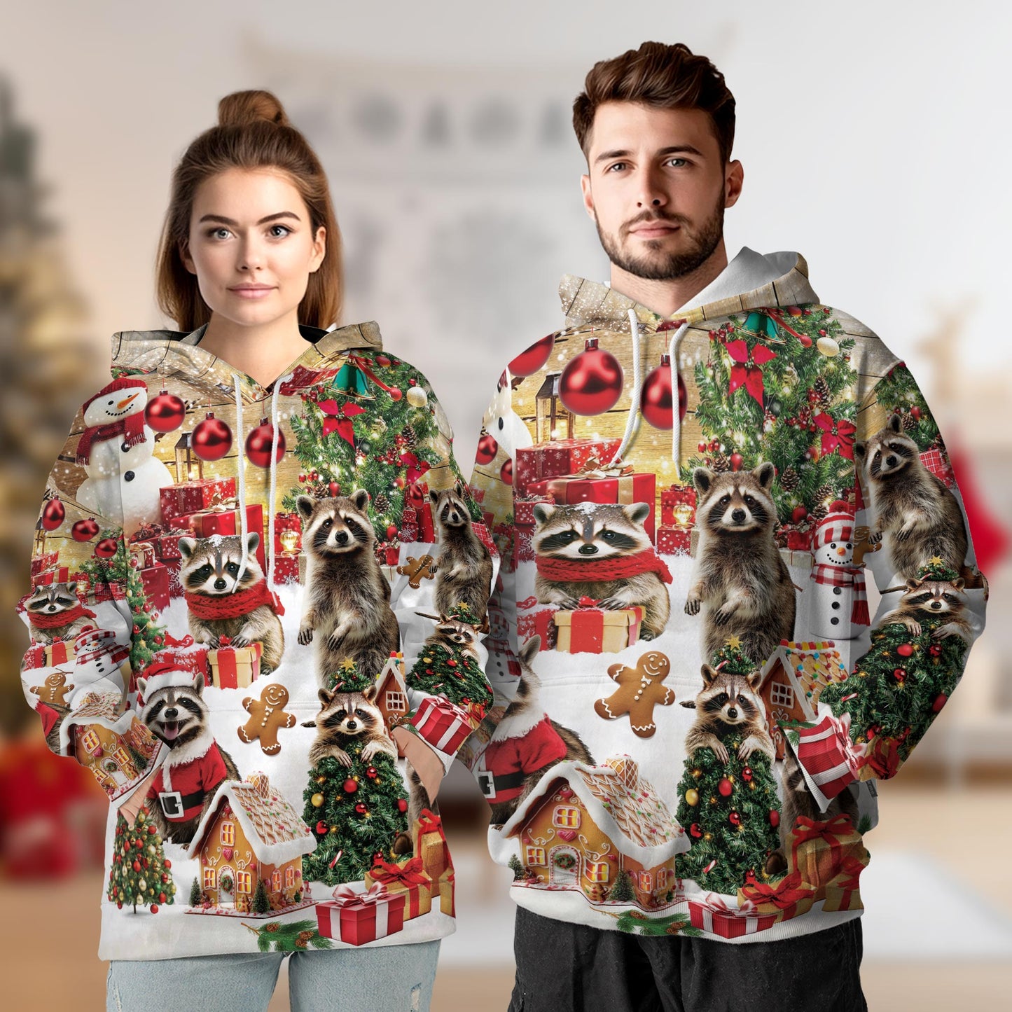 Netecom Christmas Raccoon Print Hoodie with Front Pocket, All Over Cute Animal Holiday Graphic Sweatshirt Unisex Casual
