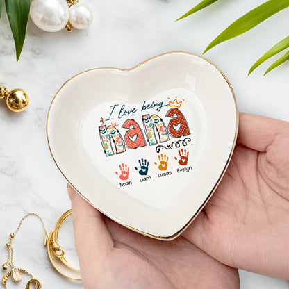 Netecom Personalized I Love Being NANA Jewelry Tray, Custom Handprints & Grandkids Names Ceramic Ring Dish , Mother's Day & Christmas Gift