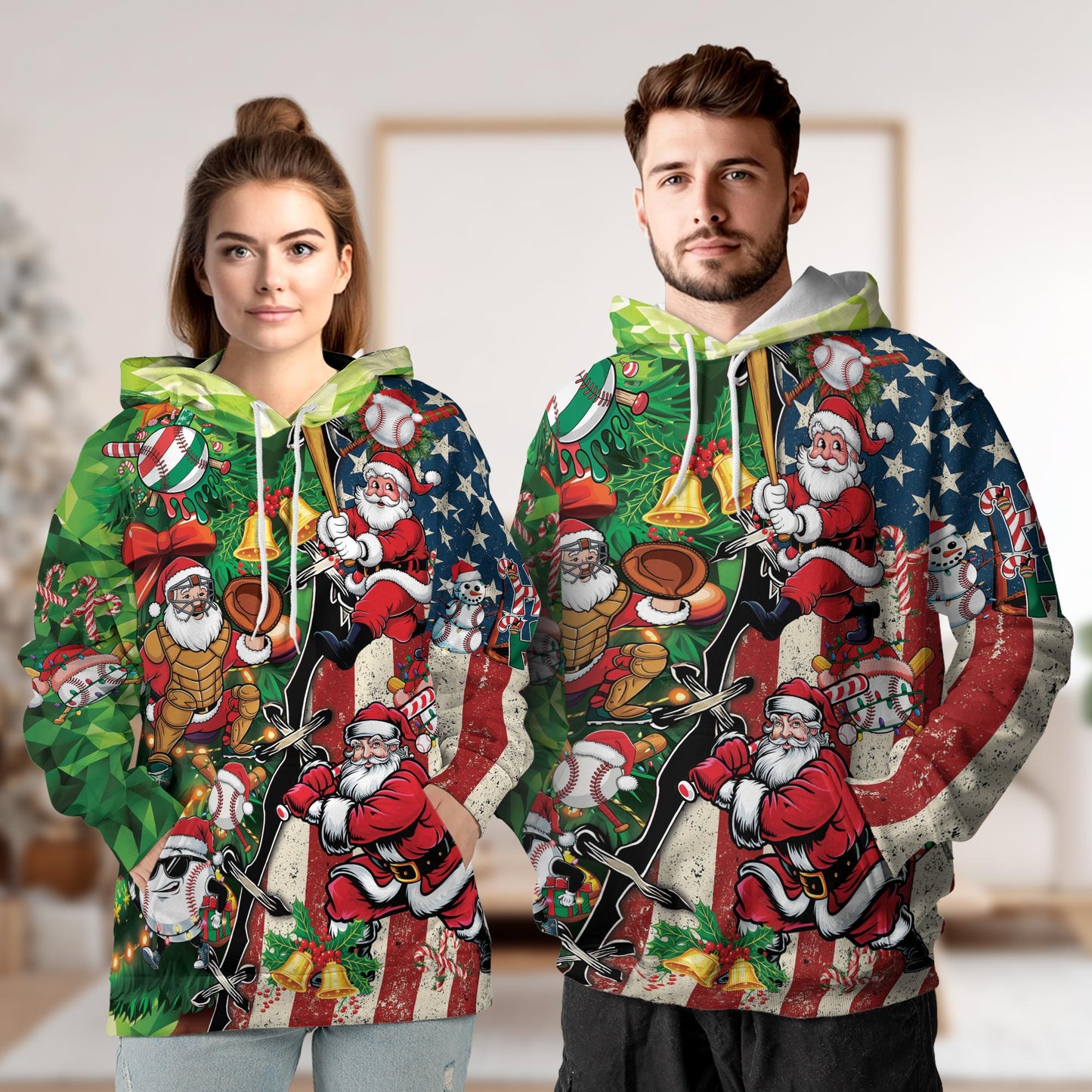 Netecom Baseball Santa USA Flag Christmas 3D Hoodie with Front Pocket, Unisex Casual All Over Graphic Sweatshirt