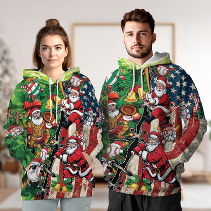 Netecom Baseball Santa USA Flag Christmas 3D Hoodie with Front Pocket, Unisex Casual All Over Graphic Sweatshirt