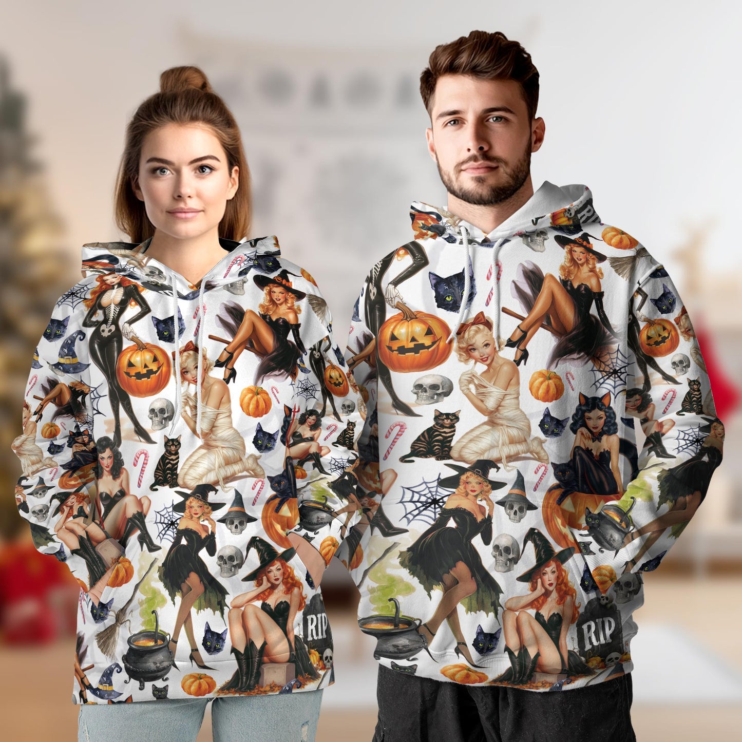 Netecom Pinup Girls Halloween 3D Print Hoodie with Front Pocket, All Over Graphic Pumpkin Skull Sweatshirt Unisex Casual