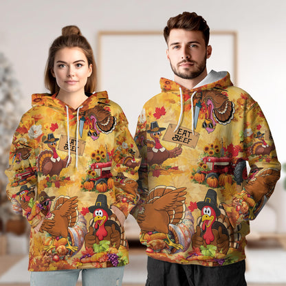 Netecom Funny Thanksgiving Turkey 3D Hoodie with Front Pocket, Unisex Casual All Over Eat Beef Graphic Sweatshirt