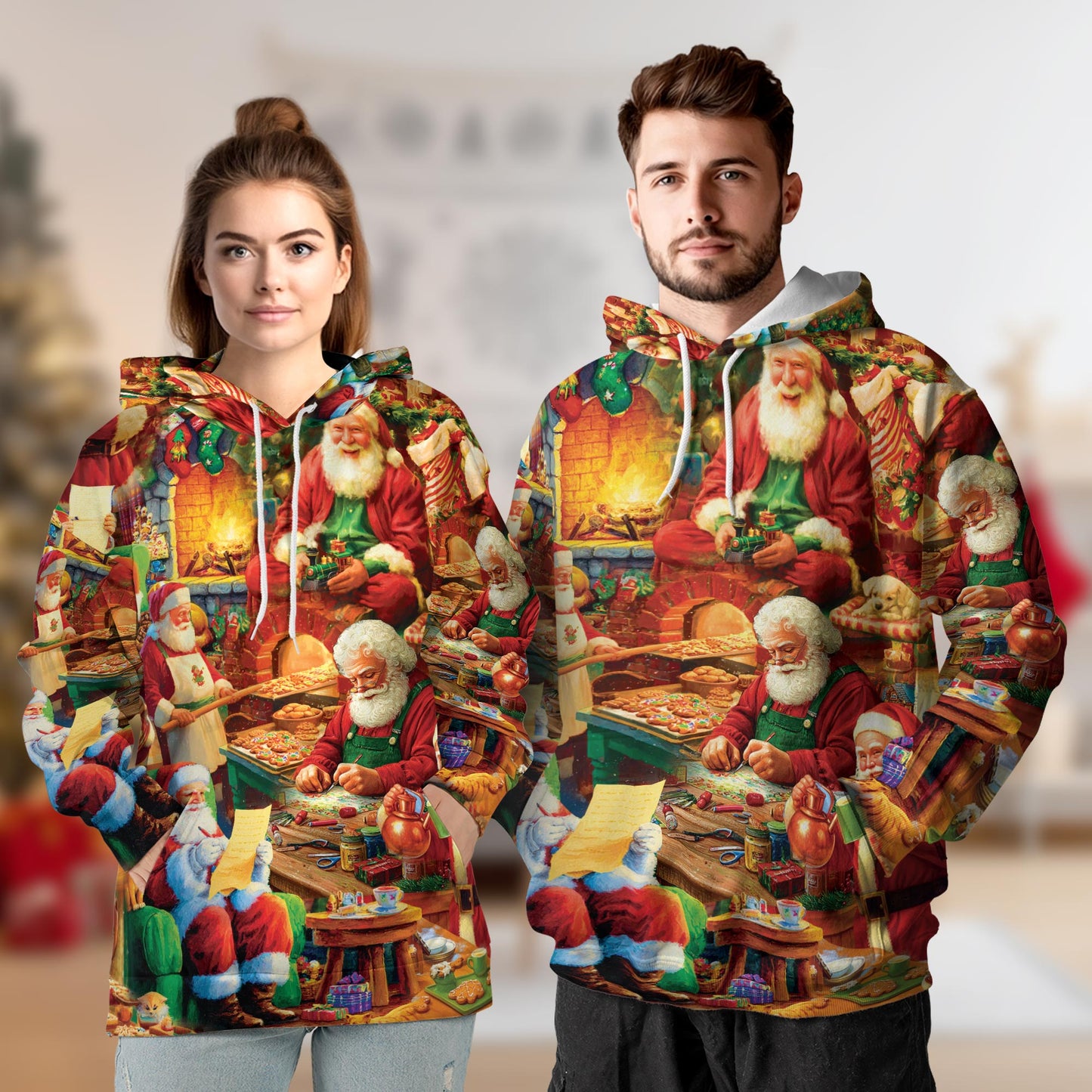 Netecom Santa Claus Workshop Christmas Print Hoodie with Front Pocket, All Over Graphic Sweatshirt Unisex Casual