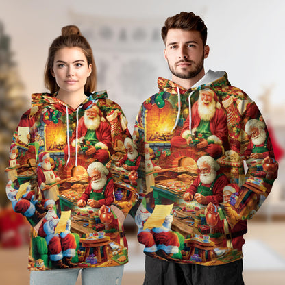 Netecom Santa Claus Workshop Christmas Print Hoodie with Front Pocket, All Over Graphic Sweatshirt Unisex Casual