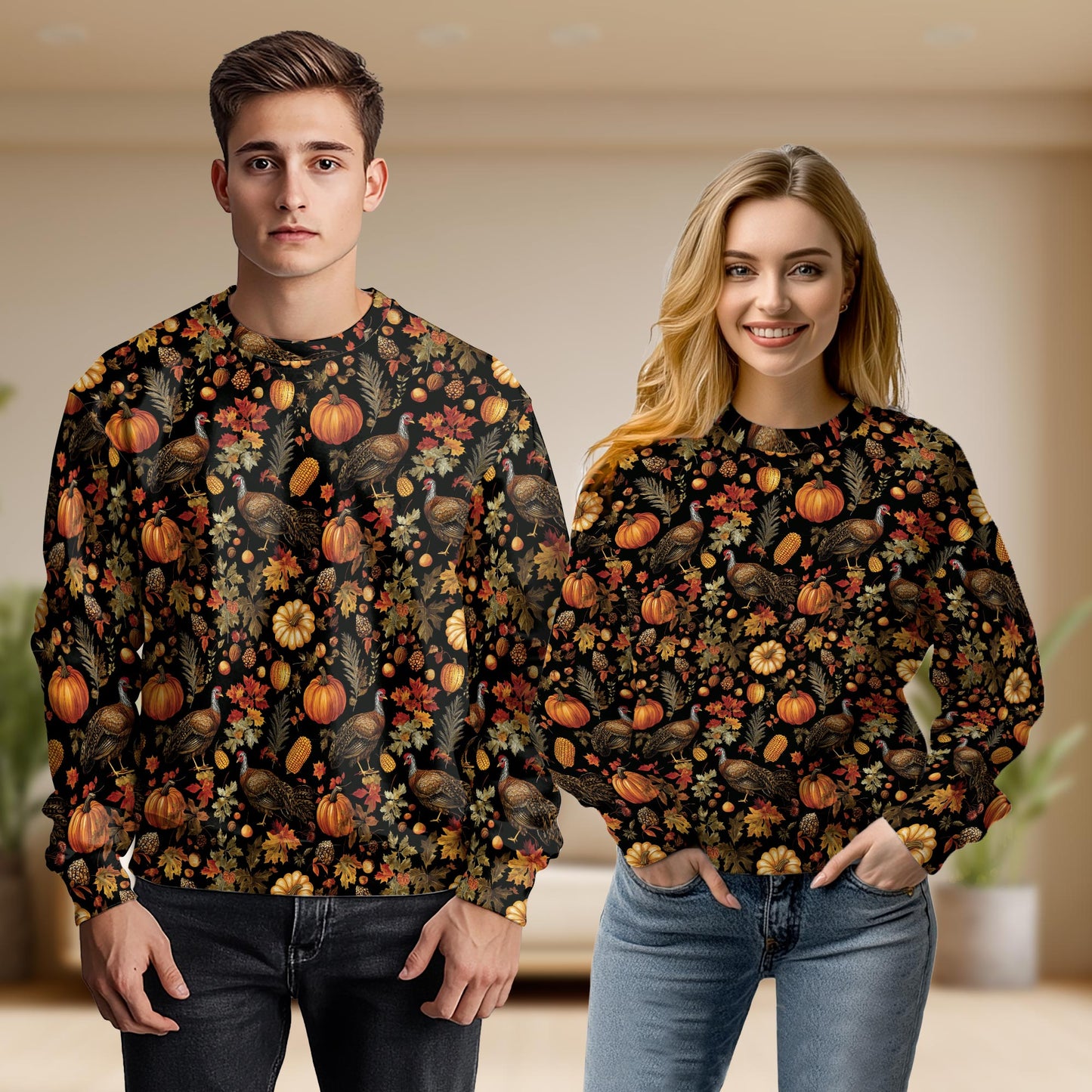 Netecom Thanksgiving Turkey Pumpkin Sweatshirt 3D All Over Print – Unisex Crewneck Pullover, Lightweight Fleece Casual Outfit