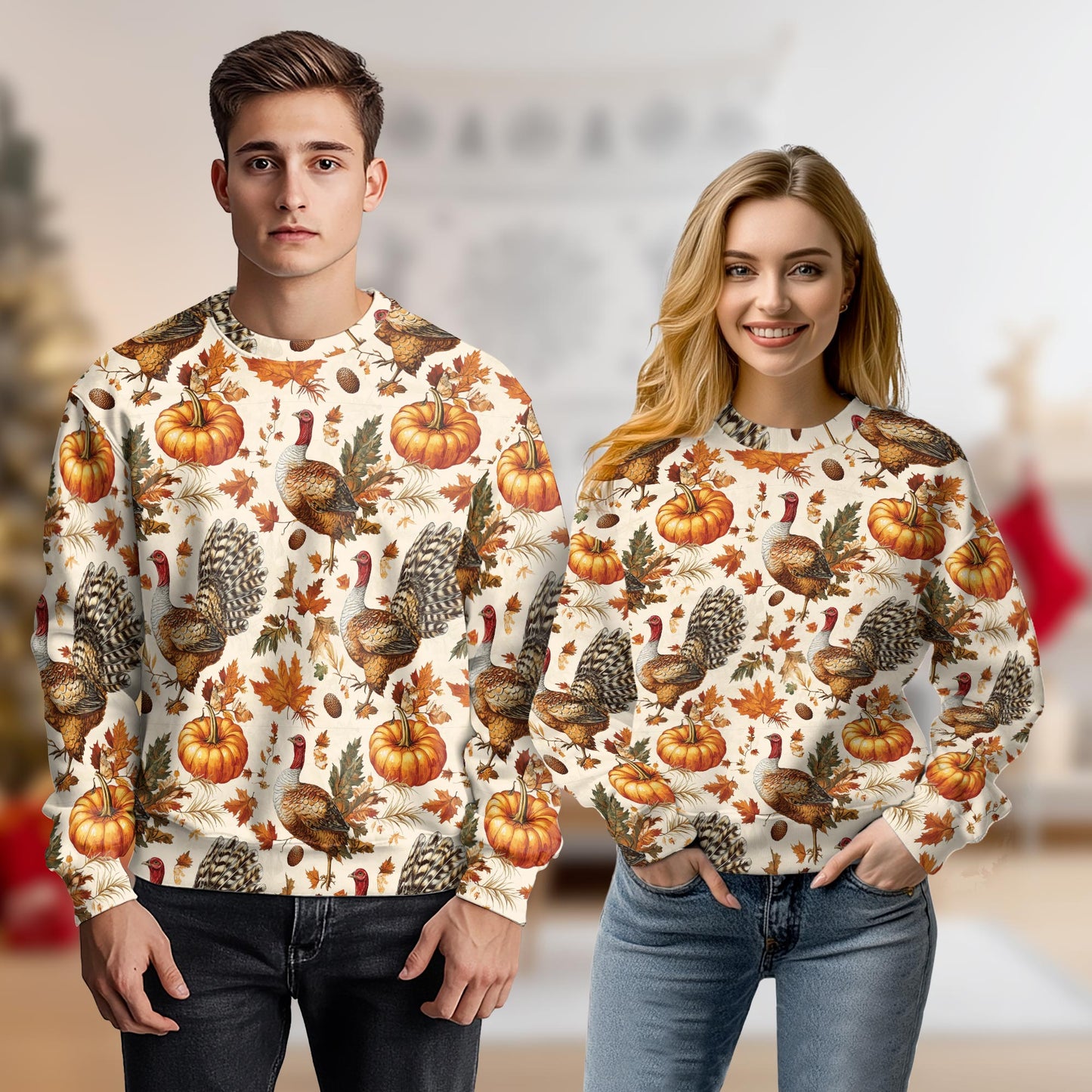 Netecom Thanksgiving Turkey Sweatshirt 3D All Over Print, Vintage Autumn Pumpkin Design, Crewneck Pullover for Costume Party