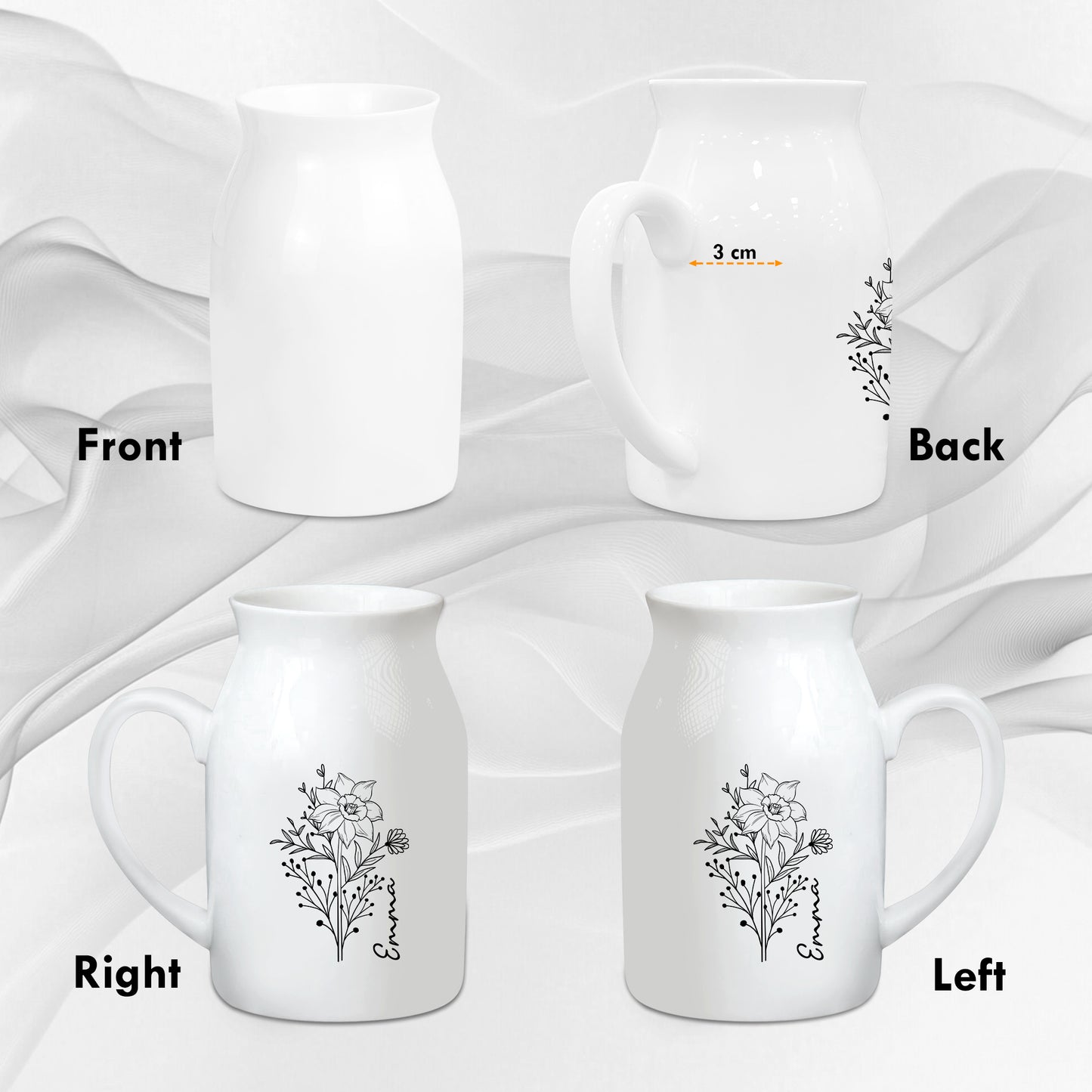 Netecom Personalized Birth Month Flower Pitcher Vase, Botanical Ceramic Jug with Custom Name, Meaningful Gift for Christmas, Mother’s Day, or Anniversary