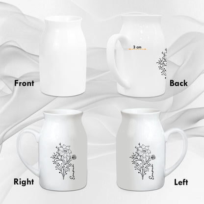 Netecom Personalized Birth Month Flower Pitcher Vase, Botanical Ceramic Jug with Custom Name, Meaningful Gift for Christmas, Mother’s Day, or Anniversary