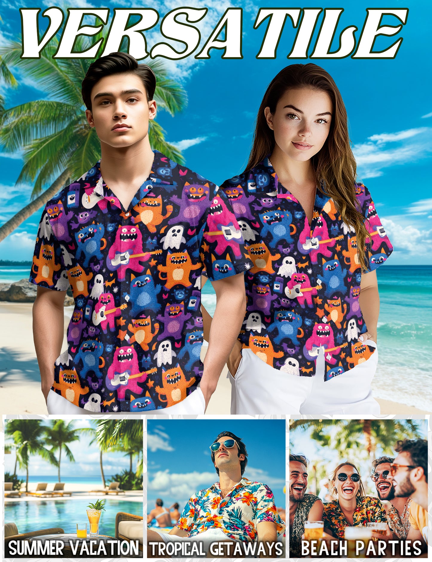 Netecom Cute Monster Art Hawaiian Shirt for Men Women, Cartoon Button Down Summer Aloha Beach Short Sleeve Shirts