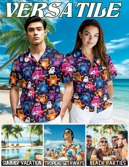 Netecom Cute Monster Art Hawaiian Shirt for Men Women, Cartoon Button Down Summer Aloha Beach Short Sleeve Shirts