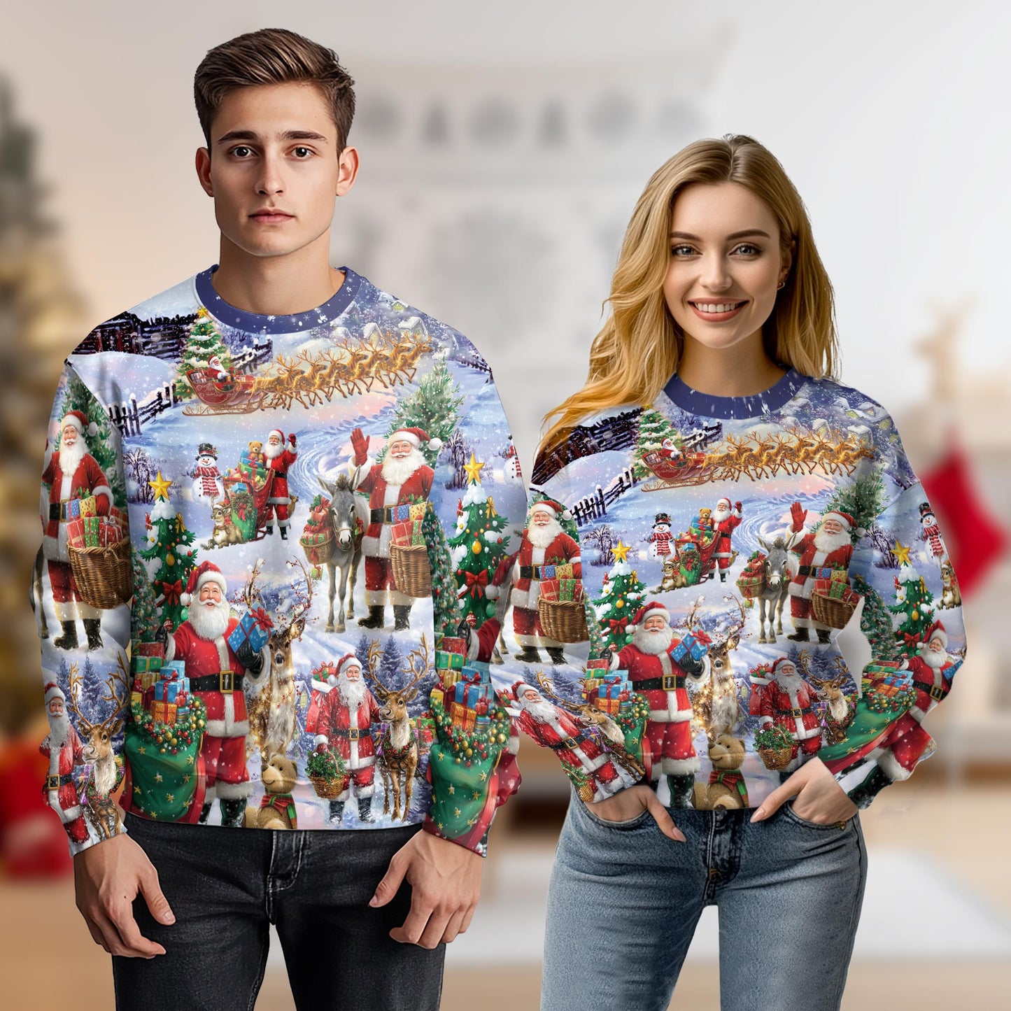 Netecom Santa Clause Christmas Sweatshirt 3D All Over Print, Cozy Holiday Scenes Design, Crewneck Pullover for Costume Party