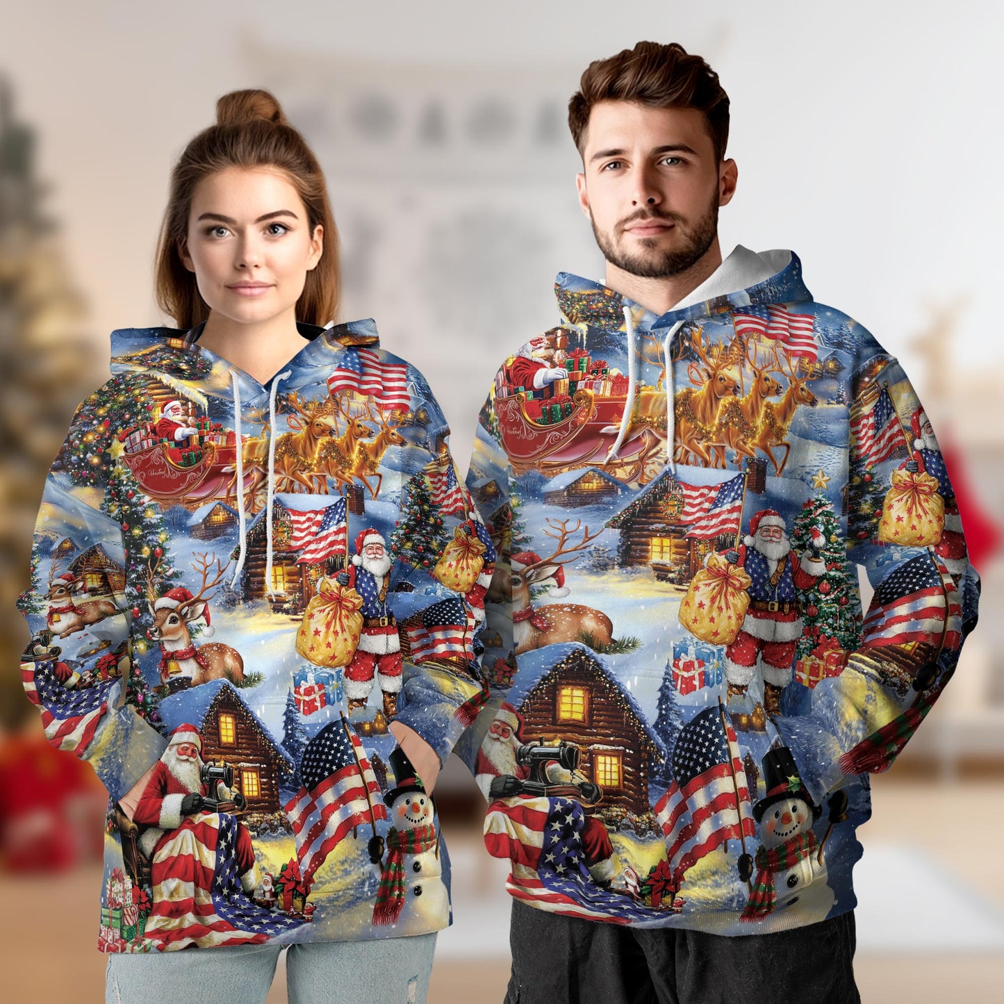 Netecom Patriotic Santa Claus Print Hoodie with Front Pocket, All Over USA Flag Holiday Graphic Sweatshirt Unisex Casual
